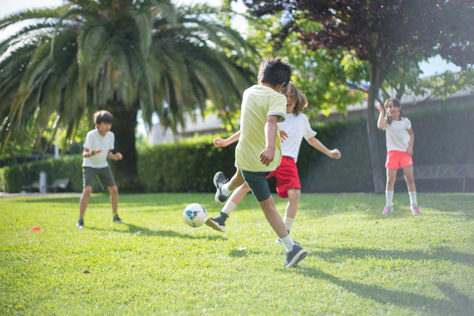 Çimenlik bir sahada birlikte futbol oynayan çocuk grubu