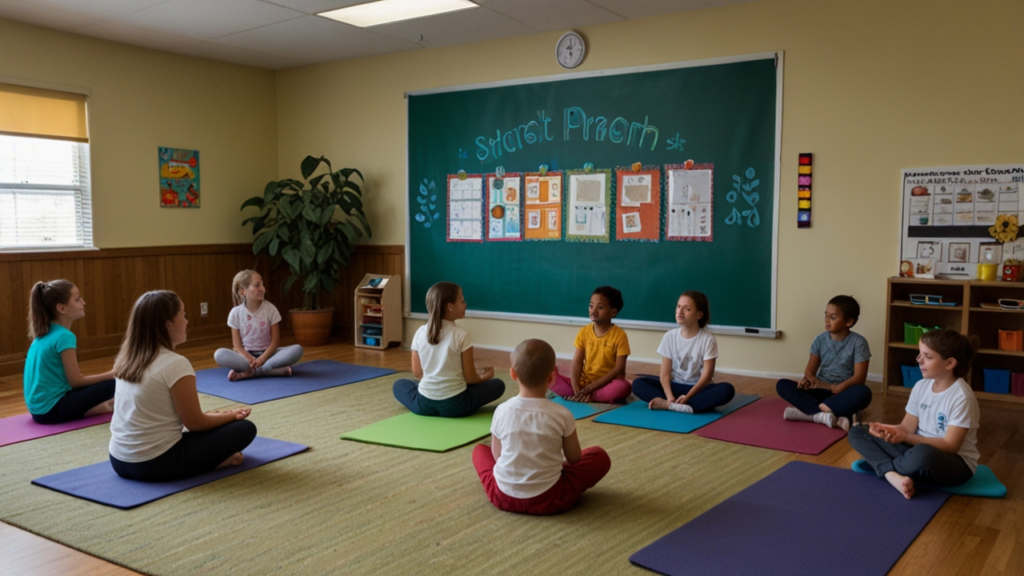 Mindfulness Çocuk aktivitesinde küçük grup halindeki çocuklar yerde oturmuş, gözleri kapalı nefes egzersizi yapıyor
